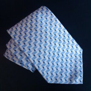Faconnable 100% Silk Tie, White W/ Light & Navy Blue Geometric Pattern